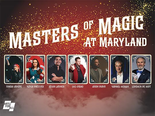 The Masters of Magic marquee, which has a vintage type style, sparkles, and photos of the performers