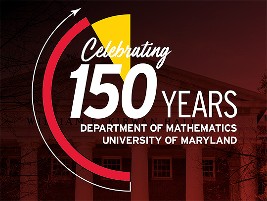 The Math150 logo against a Kirwan Hall background that has been tinted dark red