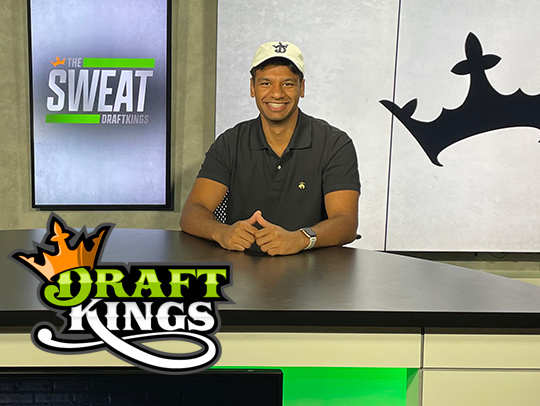 Sandeep Ramesh in the DraftKings TV studio. The company logo is in the lower left corner of the image.