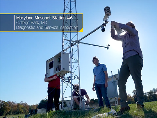 Still from a video showing two people, backlit by the sun, running diagnostics on the Mesonet tower. Credit: Mark Sherwood.
