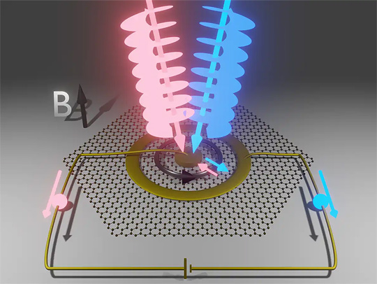 In a new experiment, light beams carrying orbital angular momentum caused electrons in graphene to gain and losangular momentum, transporting them across the sample and generating a current that researchers measured. Credit: Mahmoud Jalali Mehrabad-JQI.