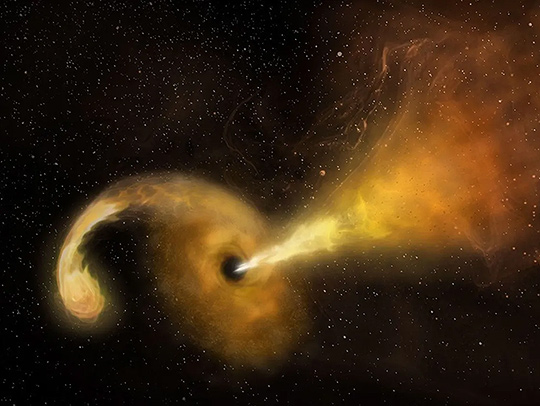 An artist's rendering of a black hole eating a star. Credit: NRAO-AUI-NSF-NASA