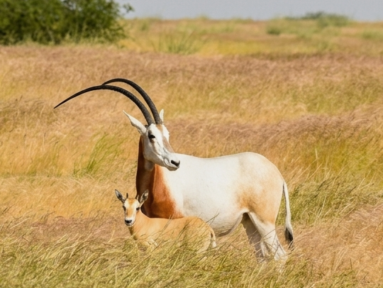 A scimitar-horned oryx and its calf. Credit: Katherine Mertes.
