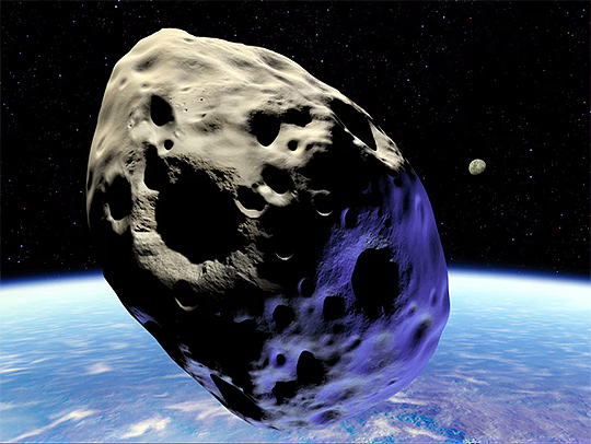 A 3D rendering of a rock-like object in space above the Earth. Credit: National Geographic.