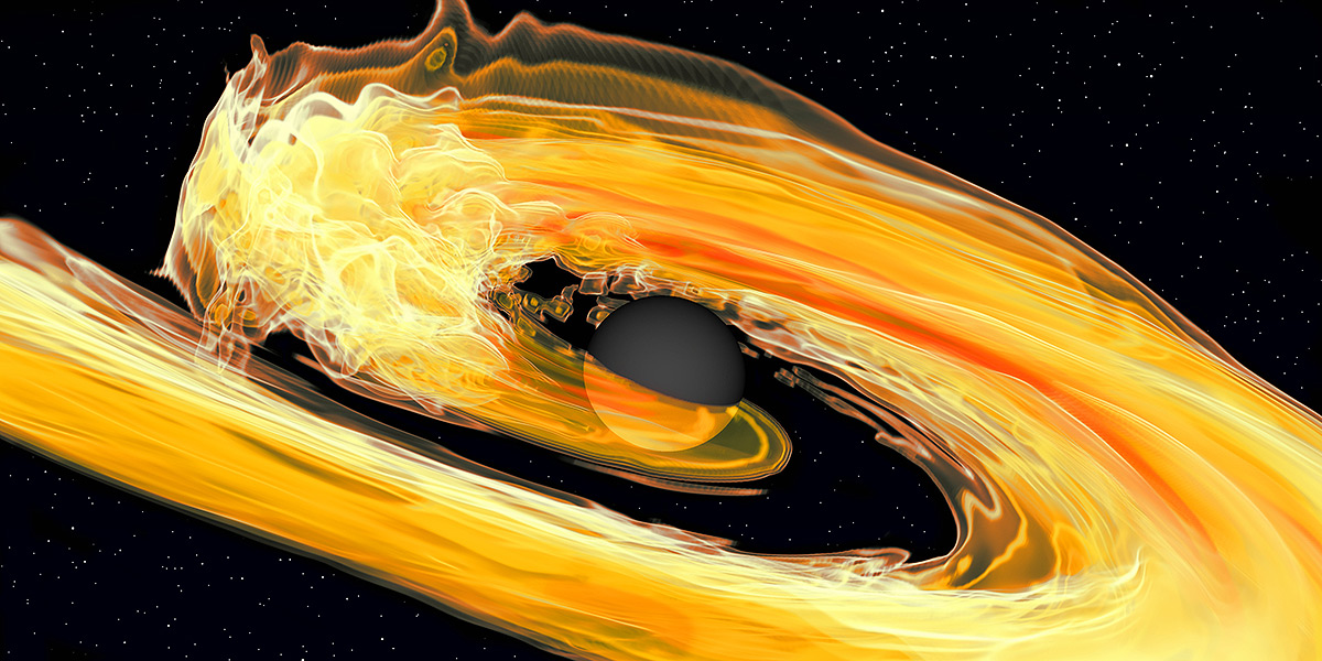 A visualization of a BHNS gravitational wave simulation with tidal disruption. It appears as a spiral of fiery ripples--in some places in smoke-like curls--around a dark, circular core representing a black hole. Credit: T. Dietrich (Potsdam University and Max Planck Institute for Gravitational Physics), N. Fischer, S. Ossokine, H. Pfeiffer (Max Planck Institute for Gravitational Physics), T. Vu. Numerical-relativity simulation: S.V. Chaurasia (Stockholm University), T. Dietrich (Potsdam University and Max Planck Institute for Gravitational Physics)