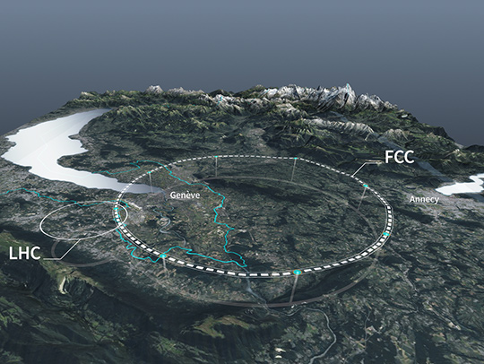 Artist's aerial view rendition of the Future Circular Collider.