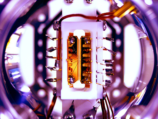 Close-up photo of an ion trap. Credit: S. Debnath and E. Edwards-JQI