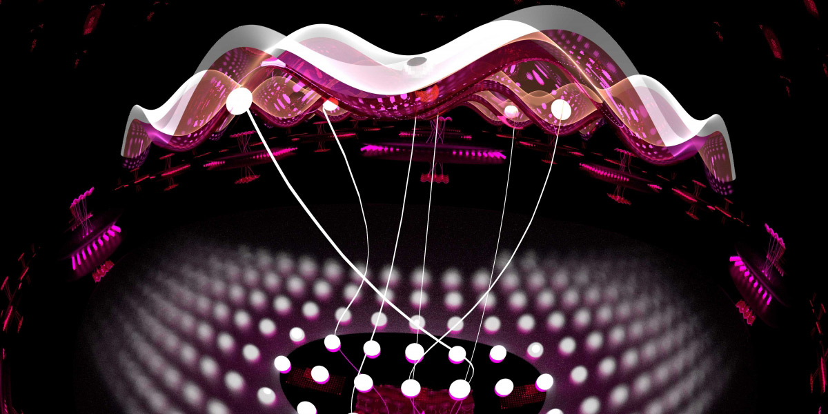 An artist's rendering of a neural network with two layers. At the top is a real quantum system, like atoms in an optical lattice. Below is a network of hidden neurons that capture their interactions. Credit: E. Edwards-JQI