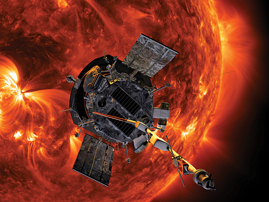 A 3D illustration of the Parker solar probe in space, approching the Sun. Credit: NASA/JHU-APL/Steve Gribben