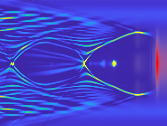 An image from a simulation in which a laser pulse (red) drives a plasma wave, accelerating electrons in its wake. The bright yellow spot is the area with the highest concentration of electrons. In an experiment, scientists used this technique to accelerate electrons to nearly the speed of light over a span of just 20 centimeters. Credit: Bo Miao-IREAP