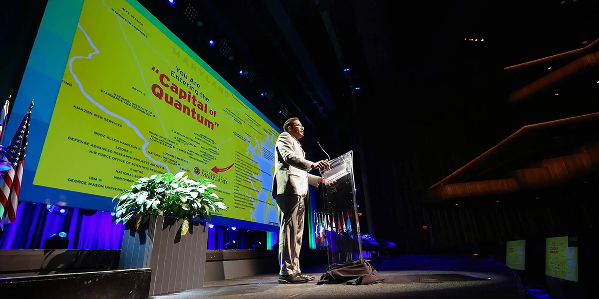 UMD president Darryll Pines on stage at the Quantum World Congress. Credit: Sptephanie S. Cordle.
