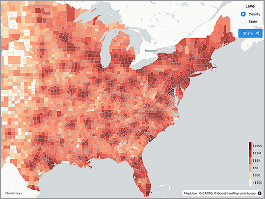 A U.S. map with counties coded by color to express how much each has lost in research funding. A U.S. map with counties coded by color to express how much each has lost in research funding.