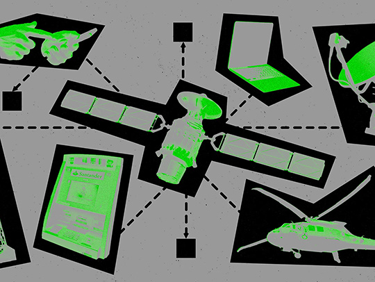 A black, bright green and grey posterized-style illustration of a satellite surrounded by objects including a laptop, a helicopter, and a cell phone. Credit: Wired.
