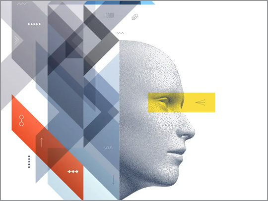 A bauhaus-inspired image of a 3D profile of a head with angled blocks of primary colors and greys overlaid. Credit: Shutterstock.