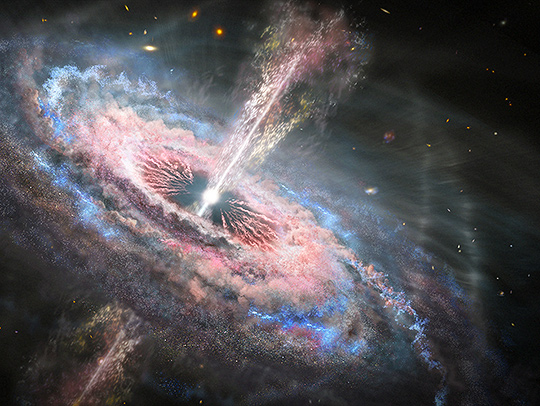 An artist's concept of a distant galaxy with an active quasar at its center. Credit: NASA, ESA and J. Olmsted-STScI.