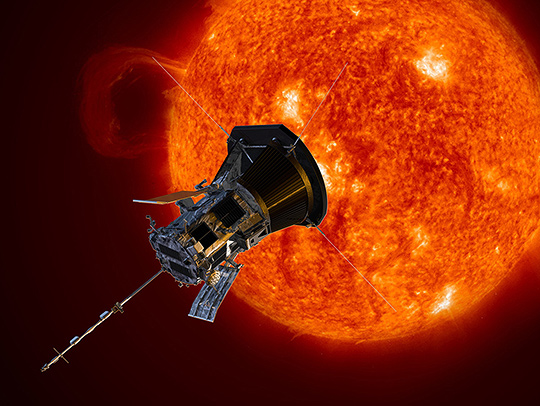 An  illustration showing NASA's Parker Solar Probe near the sun. Credit: NASA-Johns Hopkins APL-Steve Gribben