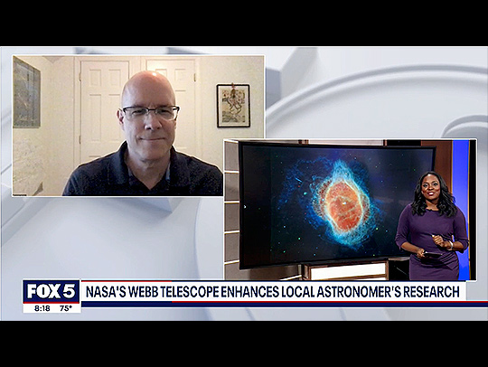 Sylvain Veilleux talking to a Fox 5 news anchor about the Webb Telescope