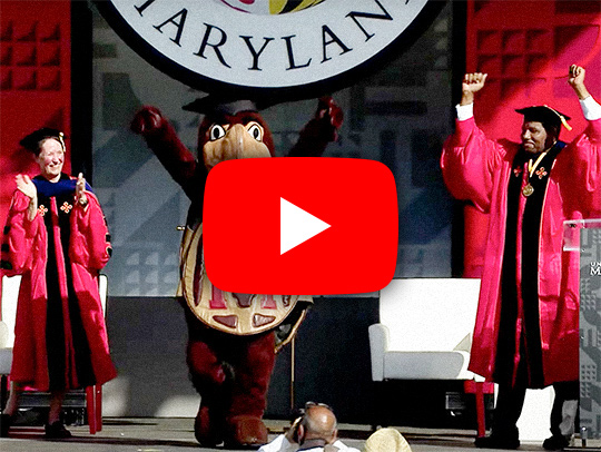 Testudo on stage at the May 20121 University of Maryland Commencement ceremony